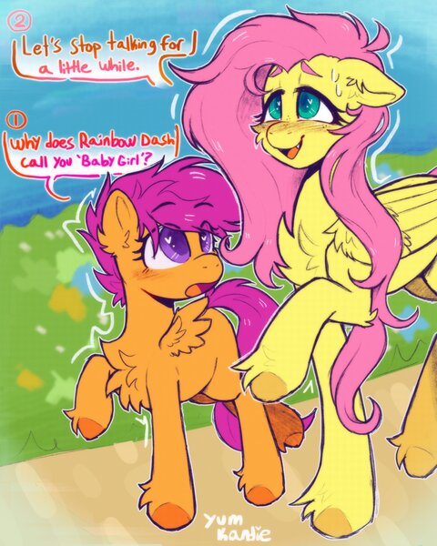 Size: 2685x3354 | Tagged: safe, artist:yumkandie, derpibooru import, fluttershy, scootaloo, pegasus, pony, dialogue, female, filly, foal, grass, image, implied flutterdash, implied lesbian, implied rainbow dash, implied shipping, jpeg, raised hoof, smiling, sweat, talking