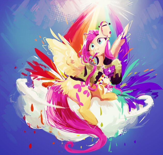 Size: 2347x2235 | Tagged: safe, artist:fishy, derpibooru import, fluttershy, antonymph, cloud, ear piercing, headphones, image, jpeg, on a cloud, piercing, rainbow dash's cutie mark, sitting, sitting on cloud, vylet pony