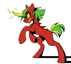 Size: 1762x1594 | Tagged: safe, artist:rtootb, derpibooru import, oc, oc:riot, unofficial characters only, dracony, dragon, hybrid, pony, unicorn, angry, angry eyes, big horn, fangs, female, floppy ears, green eyes, green magic, green mane, horn, image, looking at someone, magic, mare, png, rearing, red fur, running, simple background, sketch, solo, solo female, spikes, standing, yellow horn