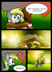 Size: 570x793 | Tagged: safe, artist:neoncabaret, derpibooru import, derpy hooves, oc, oc:mel, human, pegasus, pony, comic:derpy's wish, comic, fire, image, png