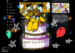 Size: 4093x2894 | Tagged: safe, artist:julunis14, derpibooru import, screencap, oc, oc:ayza, unofficial characters only, pony, unicorn, balloon, birthday, birthday cake, cake, coat markings, facial markings, food, image, meta, png, solo, star (coat marking), stars, twitter