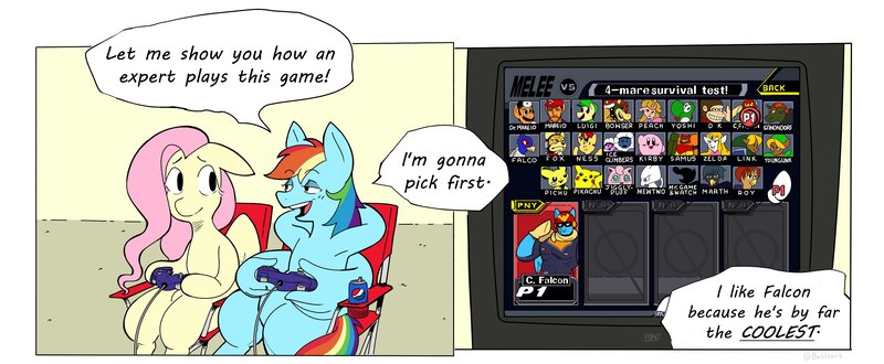 Size: 3482x1437 | Tagged: safe, artist:balileart, derpibooru import, part of a set, fluttershy, rainbow dash, chair, chris pratt, controller, dialogue, drink, game, hooves behind head, image, jpeg, pepsi, soda, talking