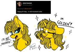 Size: 3440x2395 | Tagged: safe, artist:julunis14, derpibooru import, oc, oc:ayza, unofficial characters only, pony, unicorn, :p, coat markings, facial markings, food, image, mustard, png, pose, sauce, star (coat marking), text, tongue out, twitter screenshot