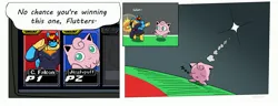 Size: 3395x1298 | Tagged: safe, artist:balileart, derpibooru import, part of a set, jigglypuff, captain falcon, dialogue, fighting game, game, image, jpeg, onomatopoeia, pokémon, sound effects, super smash bros., super smash bros. melee, talking, wing hands, wings, zzz