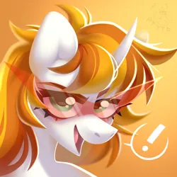 Size: 1370x1370 | Tagged: safe, artist:rtootb, derpibooru import, oc, unofficial characters only, pony, unicorn, brown mane, bust, comic, commission, cute, digital art, ears up, female, glasses, green eyes, happy, icon, image, long hair, looking at you, mare, open mouth, open smile, orange background, orange mane, png, portrait, simple background, smiling, smiling at you, soft shading, solo, tengen toppa gurren lagann, white fur
