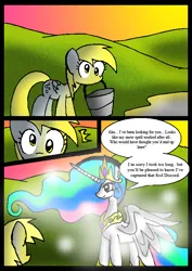 Size: 562x796 | Tagged: safe, artist:neoncabaret, derpibooru import, derpy hooves, princess celestia, oc, oc:mel, alicorn, pegasus, pony, comic:derpy's wish, bucket, comic, image, jewelry, png, regalia