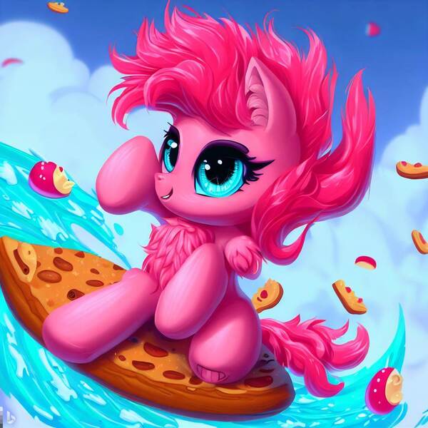 Size: 1024x1024 | Tagged: safe, derpibooru import, machine learning generated, pinkie pie, food, image, jpeg, pizza, surfing