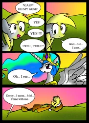 Size: 578x796 | Tagged: safe, artist:neoncabaret, derpibooru import, derpy hooves, princess celestia, oc, oc:mel, alicorn, human, pegasus, pony, comic:derpy's wish, comic, image, jewelry, png, regalia