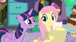 Size: 739x415 | Tagged: safe, derpibooru import, screencap, fluttershy, twilight sparkle, twilight sparkle (alicorn), alicorn, pegasus, party pooped, balloon, cake, confetti, file cabinet, filing cabinet, folder, food, image, jpeg, party cave