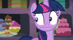 Size: 739x415 | Tagged: safe, derpibooru import, screencap, twilight sparkle, twilight sparkle (alicorn), alicorn, party pooped, cake, cropped, faic, food, image, jpeg, party cave, solo