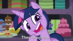 Size: 1280x720 | Tagged: safe, derpibooru import, edit, edited screencap, screencap, twilight sparkle, twilight sparkle (alicorn), alicorn, party pooped, cake, faic, food, image, jpeg, party cave, solo, text, they're just so cheesy