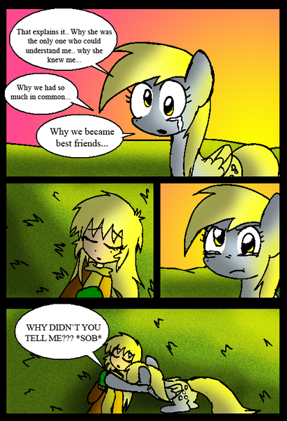 Size: 535x785 | Tagged: safe, artist:neoncabaret, derpibooru import, derpy hooves, oc, oc:mel, human, pegasus, pony, comic:derpy's wish, comic, crying, hug, image, png