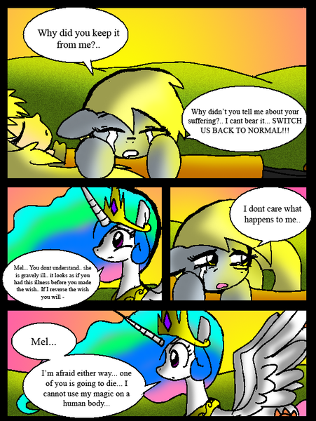 Size: 588x782 | Tagged: safe, artist:neoncabaret, derpibooru import, derpy hooves, princess celestia, oc, oc:mel, alicorn, human, pegasus, pony, comic:derpy's wish, comic, crying, image, imminent death, jewelry, png, regalia