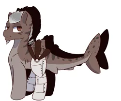 Size: 2980x2488 | Tagged: safe, artist:backgroundpony#f352, derpibooru import, oc, unofficial characters only, original species, pony, shark, shark pony, eyes open, fish tail, gray mane, image, male, older, png, robot legs, shark fin, shark pony oc, shark tail, signature, simple background, solo, solo male, stallion, tail