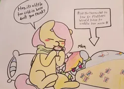 Size: 1280x927 | Tagged: safe, artist:fluttersdoodles, derpibooru import, fluttershy, rainbow dash, dialogue, female, flutterdash, image, jpeg, lesbian, pencil drawing, shipping, traditional art