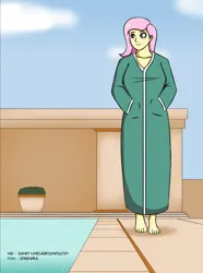 Size: 2236x3006 | Tagged: safe, artist:sandypeacebringer, derpibooru import, fluttershy, human, equestria girls, bathrobe, clothes, cloud, feet, female, high res, image, jpeg, outdoors, robe, sky, smiling, solo, swimming pool, water