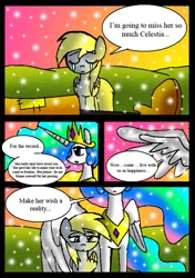 Size: 557x792 | Tagged: safe, artist:neoncabaret, derpibooru import, derpy hooves, princess celestia, oc, oc:mel, alicorn, human, pegasus, pony, comic:derpy's wish, comic, crying, hug, image, jewelry, png, regalia, snow, snowfall, winghug, wings