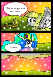 Size: 552x792 | Tagged: safe, artist:neoncabaret, derpibooru import, derpy hooves, princess celestia, oc, oc:mel, alicorn, human, pegasus, pony, comic:derpy's wish, comic, image, jewelry, png, regalia, snow, snowfall