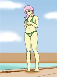 Size: 2236x3006 | Tagged: suggestive, artist:sandypeacebringer, derpibooru import, fluttershy, human, equestria girls, bikini, blushing, breasts, busty fluttershy, cleavage, clothes, cloud, feet, female, high res, image, jpeg, panties, sky, smiling, solo, solo female, standing, swimming pool, swimsuit, thong, underwear, water