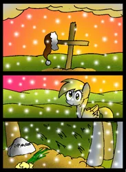 Size: 580x792 | Tagged: safe, artist:neoncabaret, derpibooru import, derpy hooves, oc, oc:mel, pegasus, pony, comic:derpy's wish, comic, grave, image, png, snow, snowfall, tomb