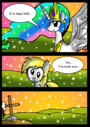 Size: 565x792 | Tagged: safe, artist:neoncabaret, derpibooru import, derpy hooves, princess celestia, oc, oc:mel, alicorn, pegasus, pony, comic:derpy's wish, comic, grave, image, png, snow, snowfall, tomb