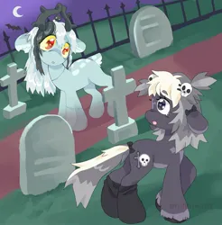 Size: 2193x2233 | Tagged: safe, artist:funnyhat12, derpibooru import, oc, unofficial characters only, deer, deer pony, earth pony, original species, pony, undead, zombie, zombie pony, clothes, duo, fence, gravestone, graveyard, image, jpeg, looking at each other, looking at someone, moon, night, socks