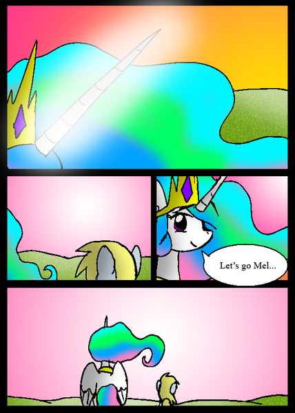 Size: 565x792 | Tagged: safe, artist:neoncabaret, derpibooru import, derpy hooves, princess celestia, oc, oc:mel, alicorn, pegasus, pony, comic:derpy's wish, comic, image, jewelry, magic, png, regalia