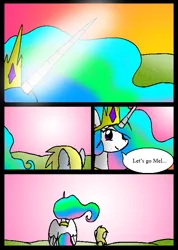 Size: 565x792 | Tagged: safe, artist:neoncabaret, derpibooru import, derpy hooves, princess celestia, oc, oc:mel, alicorn, pegasus, pony, comic:derpy's wish, comic, image, jewelry, magic, png, regalia