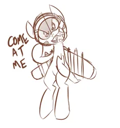 Size: 700x744 | Tagged: artist needed, safe, derpibooru import, oc, oc:blitz, unofficial characters only, original species, plane pony, pony, a-10 thunderbolt ii, brown, come at me bro, flying, image, looking at you, monochrome, outline, outlines only, plane, png, pointing at self, raised hoof, sharp teeth, simple background, solo, spread wings, teeth, white background, wings