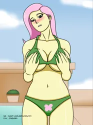 Size: 2236x3006 | Tagged: suggestive, artist:sandypeacebringer, derpibooru import, fluttershy, human, equestria girls, belly button, bikini, blushing, breasts, busty fluttershy, cleavage, clothes, cloud, female, grope, high res, image, jpeg, outdoors, sky, solo, solo female, stupid sexy fluttershy, swimming pool, swimsuit, water