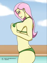 Size: 2236x3006 | Tagged: suggestive, artist:sandypeacebringer, derpibooru import, fluttershy, human, equestria girls, bikini, blushing, breasts, busty fluttershy, clothes, cloud, female, grope, image, jpeg, looking down, sky, solo, solo female, stupid sexy fluttershy, swimming pool, swimsuit, water