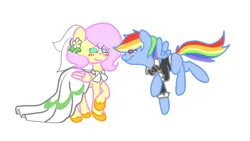 Size: 1280x720 | Tagged: safe, artist:fluttersdoodles, derpibooru import, fluttershy, rainbow dash, braid, clothes, dress, female, floating, flutterdash, image, imminent wedding, jpeg, lesbian, looking at each other, looking at someone, raised hoof, shipping, tailcoat, wedding dress