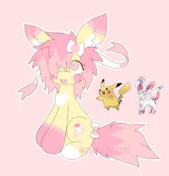 Size: 1433x1488 | Tagged: safe, artist:funnyhat12, derpibooru import, oc, unofficial characters only, earth pony, pikachu, pony, sylveon, adoptable, image, jpeg, pokémon, trio