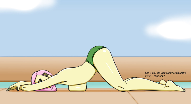 Size: 3484x1903 | Tagged: questionable, artist:sandypeacebringer, derpibooru import, fluttershy, human, equestria girls, breasts, busty fluttershy, clothes, cloud, feet, female, high res, image, jpeg, looking at you, nudity, partial nudity, sky, solo, solo female, stupid sexy fluttershy, swimming pool, swimsuit, topless, water