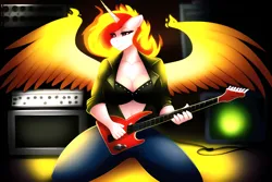 Size: 3072x2048 | Tagged: suggestive, derpibooru import, machine learning generated, novelai, stable diffusion, daybreaker, alicorn, anthro, breasts, busty daybreaker, cleavage, clothes, denim, female, guitar, high res, horn, image, jacket, jeans, leather, leather jacket, midriff, music, musical instrument, pants, png, smiling, solo, spread wings, stage, wings