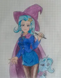 Size: 1836x2347 | Tagged: safe, artist:jackudoggy, derpibooru import, trixie, human, pony, unicorn, equestria girls, cape, clothes, female, hat, humanized, image, jpeg, looking at you, magic wand, mare, self paradox, self ponidox, smiling, trixie's cape