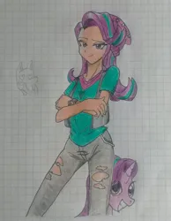 Size: 1836x2370 | Tagged: safe, artist:jackudoggy, derpibooru import, starlight glimmer, dog, human, pony, unicorn, equestria girls, clothes, denim, female, hat, heart, heart eyes, humanized, image, jeans, jpeg, looking at you, mare, pants, ripped jeans, ripped pants, self paradox, self ponidox, smiling, torn clothes, wingding eyes