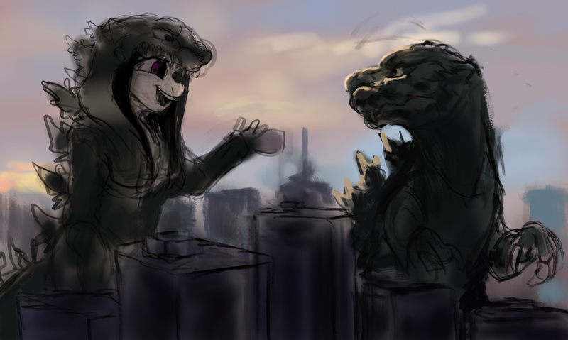 Size: 4267x2555 | Tagged: safe, artist:misstwipietwins, derpibooru import, oc, oc:oretha, anthro, city, clothes, costume, godzilla, godzilla (series), image, macro, png