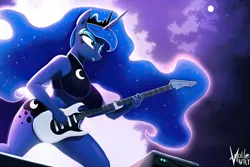 Size: 2304x1536 | Tagged: safe, derpibooru import, editor:r-tex1241, machine learning generated, novelai, stable diffusion, princess luna, alicorn, anthro, amplifier, butt, cloud, ethereal mane, ethereal tail, female, guitar, image, moon, moonbutt, music, musical instrument, night, night sky, png, rockstar, sky, solo, solo female, stage, tail, wingless, wingless anthro