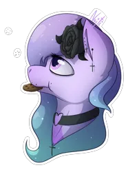 Size: 1428x1916 | Tagged: safe, artist:najti, derpibooru import, oc, oc:soda sadie, original species, plant pony, pony, collar, cookie, eat, eating, female, flower, food, image, jewelry, looking up, mare, piercing, plant, png, purple eyes, purple mane, rose, solo, solo female