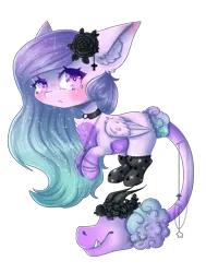 Size: 1104x1464 | Tagged: safe, artist:xteddyk, derpibooru import, oc, oc:soda sadie, original species, pegasus, plant pony, pony, blushing, clothes, collar, female, image, jewelry, mare, necklace, original character do not steal, plant, png, purple, purple eyes, purple mane, shy, socks, solo, tail, tailmouth, wings