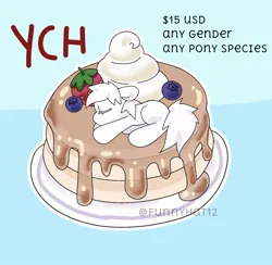 Size: 1984x1938 | Tagged: safe, artist:funnyhat12, derpibooru import, earth pony, pony, blueberry, commission, cream, food, gradient background, image, jpeg, pancakes, strawberry, ych example, your character here