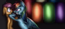Size: 537x240 | Tagged: semi-grimdark, artist:emalajiss36, derpibooru import, rainbow dash, scootaloo, pegasus, pony, fanfic:rainbow factory, blood, duo, fanfic art, female, filly, floppy ears, glow, glowing eyes, image, jpeg, lineless, liquid rainbow, looking at each other, looking at someone, low quality, rainbow factory dash, redraw, spectra