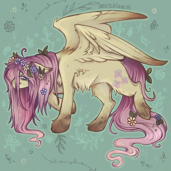 Size: 1500x1500 | Tagged: safe, artist:beetlegoblin, derpibooru import, fluttershy, pegasus, pony, female, flower, flower in hair, green background, image, jpeg, simple background, solo