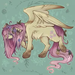 Size: 1500x1500 | Tagged: safe, artist:beetlegoblin, derpibooru import, fluttershy, pegasus, pony, female, flower, flower in hair, green background, image, jpeg, simple background, solo