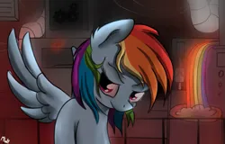 Size: 811x518 | Tagged: semi-grimdark, artist:thegarry, derpibooru import, rainbow dash, pegasus, pony, fanfic:rainbow factory, abstract background, ear fluff, fanfic art, female, image, lidded eyes, liquid rainbow, png, railing, rainbow factory dash, signature, smiling, solo, spectra, spread wings, wings