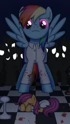Size: 375x667 | Tagged: artist needed, source needed, semi-grimdark, derpibooru import, rainbow dash, scootaloo, pegasus, pony, fanfic:rainbow factory, abstract background, blood, clothes, duo focus, factory scootaloo, fanfic art, female, filly, frown, glow, glowing eyes, image, jpeg, lab coat, liquid rainbow, random pony, spectra, spread wings, wings