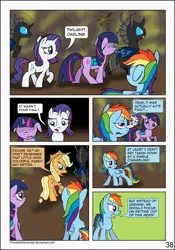 Size: 1600x2283 | Tagged: safe, artist:thunderelemental, derpibooru import, applejack, rainbow dash, rarity, twilight sparkle, changeling, pony, comic:swarm rising, comic, disguise, disguised changeling, image, png, speech bubble