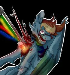 Size: 1280x1371 | Tagged: semi-grimdark, artist:rabbitunmasked, derpibooru import, rainbow dash, pegasus, pony, fanfic:rainbow factory, beanbrows, black background, bleeding, bleeding eyes, blood, cheek fluff, ear fluff, eyebrows, eyebrows visible through hair, fanfic art, female, hoof fluff, image, insanity, jpeg, looking at you, nosebleed, one eye closed, open mouth, outline, pegasus device, simple background, wings, wink