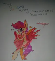 Size: 1024x1145 | Tagged: semi-grimdark, artist:doodlecakesdrawz, derpibooru import, scootaloo, pegasus, pony, fanfic:rainbow factory, 2015, blood, dialogue, english, fanfic art, feather, female, filly, foal, image, implied rainbow dash, injured, jpeg, looking up, lying down, one eye closed, rainbow factory (song), side, solo, traditional art